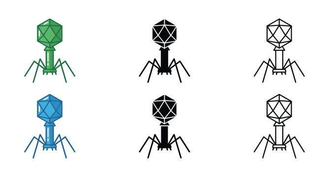 Bacteriophage virus illustration in green blue and black on white background for scientific research and medical concepts