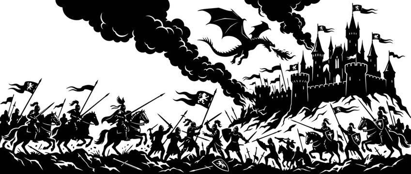 Knights attacking a castle under dragon fire, silhouette