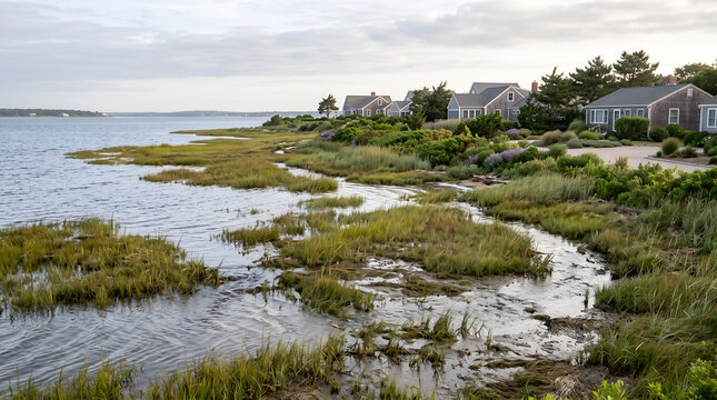 Natural coastal wetland buffering tidal flooding and sea level rise, illustrating ecosystem-based adaptation, shoreline resilience, habitat protection, and sustainable climate planning.