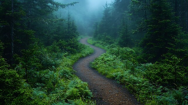 Winding gravel path through a lush misty temperate rainforest with dense foliage