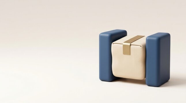 Import Tariffs and Rising Landed Costs Cardboard box secured with tape between two blue packing cushions on a beige background.