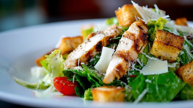 Delicious Caesar salad, with fresh greens, grilled chicken, croutons, and shaved Parmesan, presented in vibrant colors and textures, ideal for healthy meal visuals.