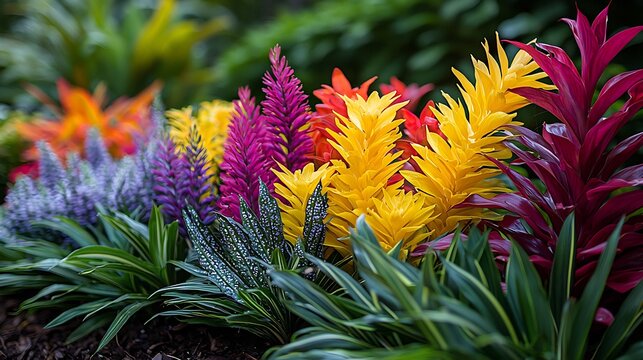 Colorful Tropical Garden with Vibrant Exotic Flowers and Lush Green Leaves