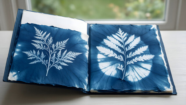 Portfolio folder open to botanical cyanotypes