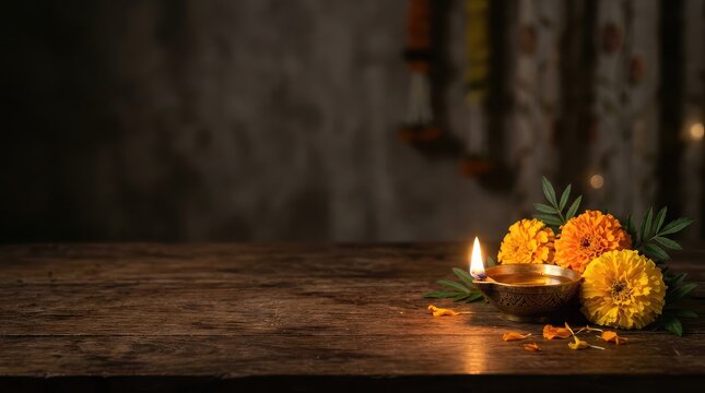 Traditional clay oil lamps lit with marigold flowers on a wooden table for diwali festival celebration