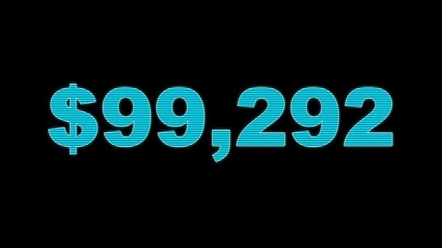 High-fidelity holographic financial counter in electric blue. Features a realistic digital explosion at 100,000 dollars with golden shards and volumetric light rays. Solid black background. 10s loop.
