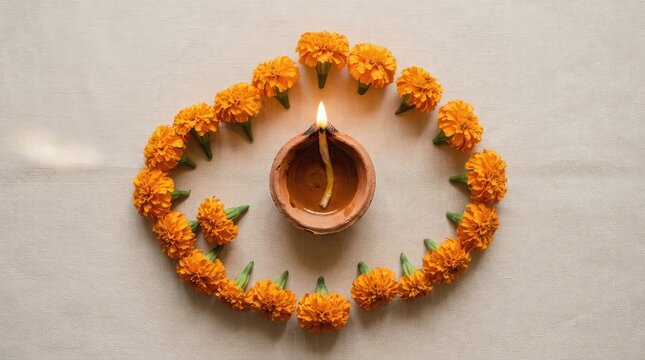 Top view of a traditional clay oil lamp surrounded by orange marigold flowers for diwali festival celebration
