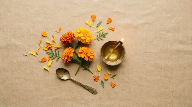 Top view of marigold flowers with a small metal bowl and spoon on a rustic textured background