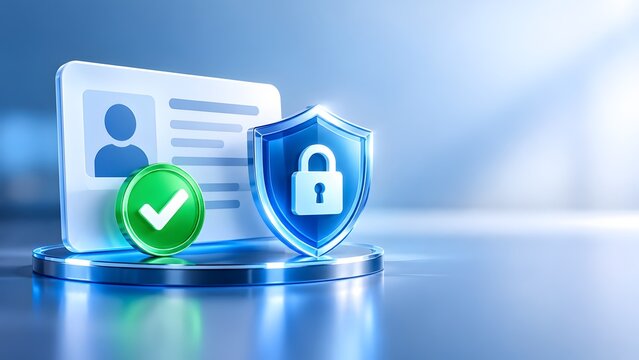 Kartu identitas digital dengan perisai keamanan biru menyala dan tanda centang hijau melambangkan verifikasi data