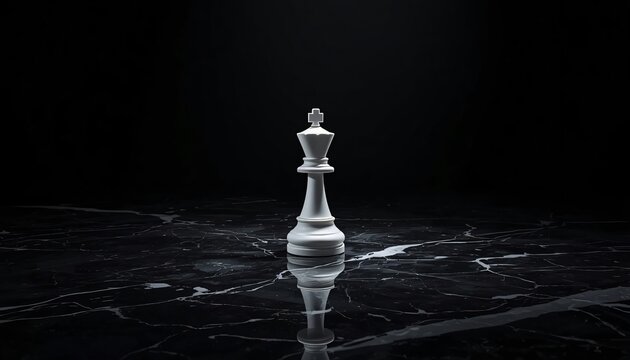 Lone White Chess King Piece Standing on a Dark Reflective Marble Floor
