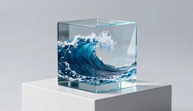 Crystal Clear Glass Cube Containing a Crashing Deep Blue Ocean Wave