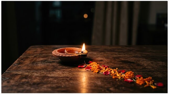 A traditional clay diya lamp glowing on a wooden table decorated with marigold flower petals for diwali festival