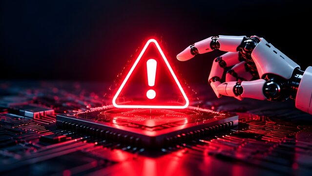 Tangan robot menyentuh tanda peringatan merah menyala di atas papan sirkuit mikrochip komputer
