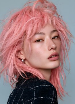 Nahaufnahme-Portr&auml;t einer stilvollen jungen Person mit rosa Haaren und Fransenschnitt, ideal f&uuml;r Mode-Magazine, Sch&ouml;nheitssalons und Trend-Editorial
