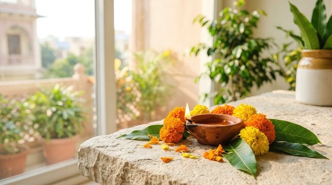Traditional clay diya lamp decorated with marigold flowers for diwali festival celebration on a sunny indoor table