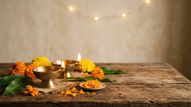 Traditional diwali celebration with lit oil lamps and marigold flowers on a rustic wooden table background