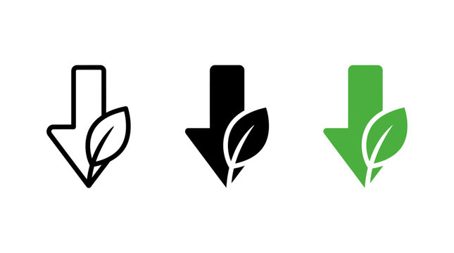 Carbon reduction environmental vector icon design set with down arrows and leaves