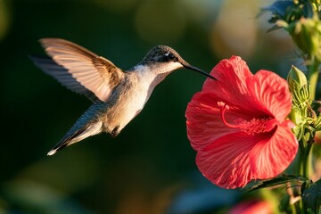 Fototapeta premium Hummingbird hovering beside vibrant red flower in flight