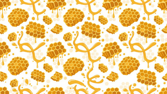 A seamless pattern featuring luscious honeycomb, complete with dripping nectar and golden-yellow honey streams.