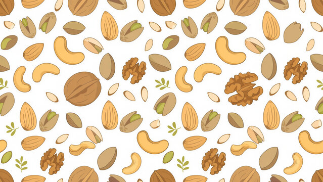 Seamless pattern image featuring a variety of dried nuts and grains, such as cashews, walnuts, almonds, and pistachios.