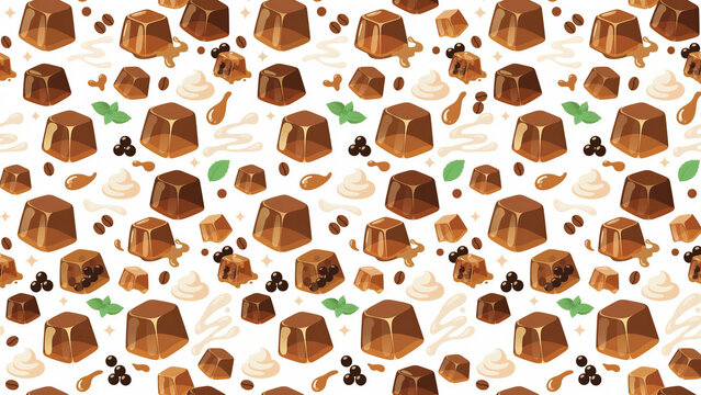 Seamless pattern featuring jelly pudding/panna cotta, caramel lava, whipped cream, and coffee beans.