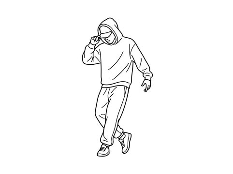 Line art drawing of a person wearing a hoodie and cap, in a dynamic pose, possibly dancing or walking.
