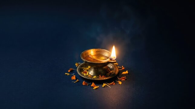 Traditional brass oil lamp diya glowing against a dark blue background for diwali festival celebration