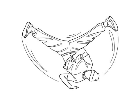 A line art illustration of a breakdancer performing an inverted power move, balancing on their head and hand with legs spread, showing dynamic motion.