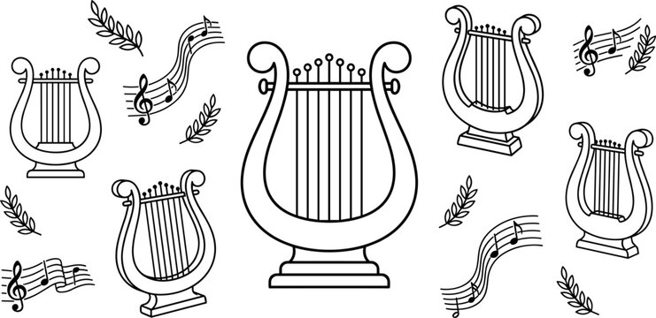 Lyre musical instrument vector illustration collection featuring ancient greek harps, musical notes on waves, wavy clef staves, and decorative laurel olive branches in outline style.