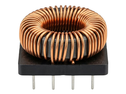 Toroidal inductor with copper wire coil on a black plastic base with pins isolated on transparent background