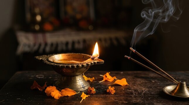 Traditional brass oil lamp diya lit with incense sticks and marigold flowers for diwali festival celebration