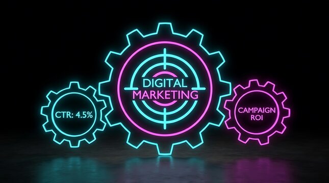 Neon glowing gears with digital marketing text and target symbols representing business strategy and online advertising concepts
