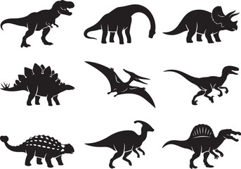 Dinosaur silhouette collection, 9 black vector icons of prehistoric animals, Tyrannosaurus and Triceratops shapes for educational graphics, minimalist dinosaur silhouettes for logo design © Sumona