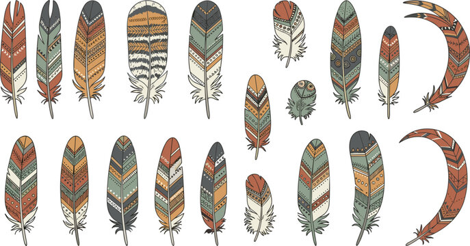 Boho Tribal Feather Vector Set with Ethnic Aztec Ornaments and Native American Pattern Elements for Decorative Patterns, Graphics, and Digital Art