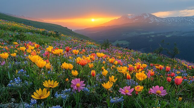 Vast mountain slope covered in colorful wildflowers with snow capped peaks and a sunset over the distant valley