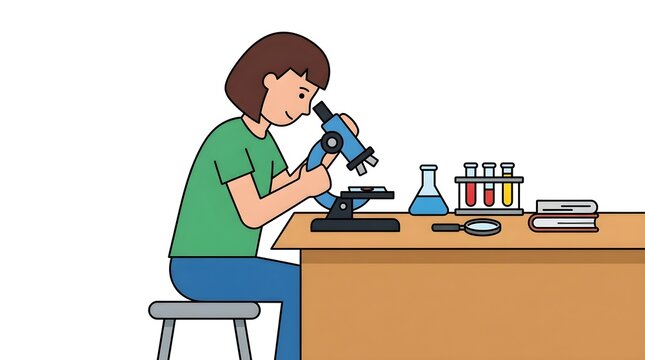 Cartoon illustration of a student conducting a science experiment with a microscope, laboratory glassware and test tubes.