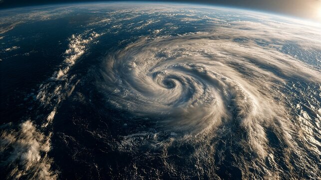 Massive spiral cyclone swirling over deep blue ocean from space