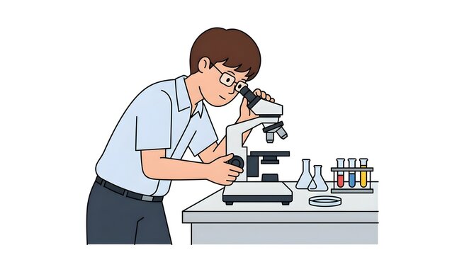 Cartoon illustration of a student examining a specimen through a microscope in a school laboratory.