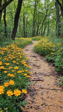 Winding dirt path through a lush green forest with vibrant yellow wildflowers blooming along the edges in spring