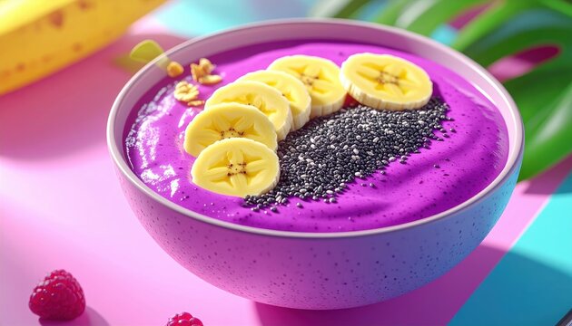 Purple smoothie bowl with bananas and chia seeds, 3D Illustration, served on a bright tropical breakfast table.