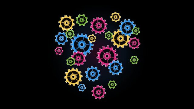 Colorful gears and cogs arrangement on black background teamwork concept