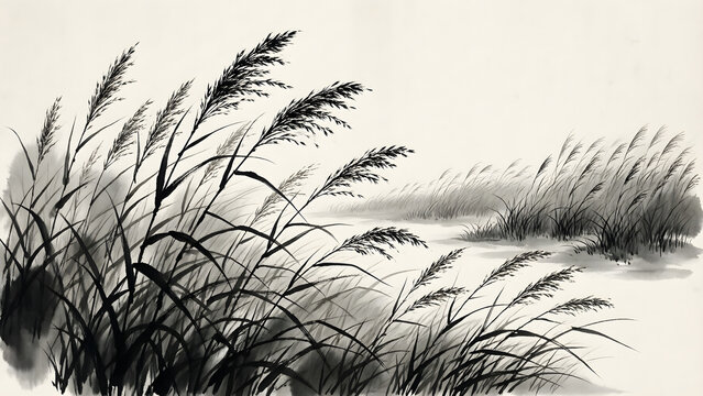Sumi-e traditional Japanese ink wash painting Wild grasses and seed heads in wind