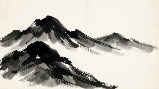 Sumi-e traditional Japanese ink wash painting Minimal mountain silhouettes with open space