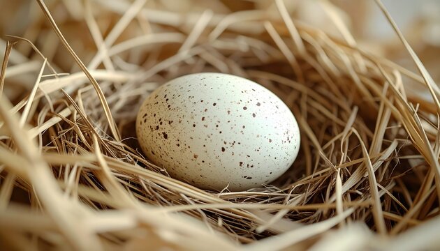 Pale speckled egg resting among dried grass 3D Illustration inside a natural woven bird nest