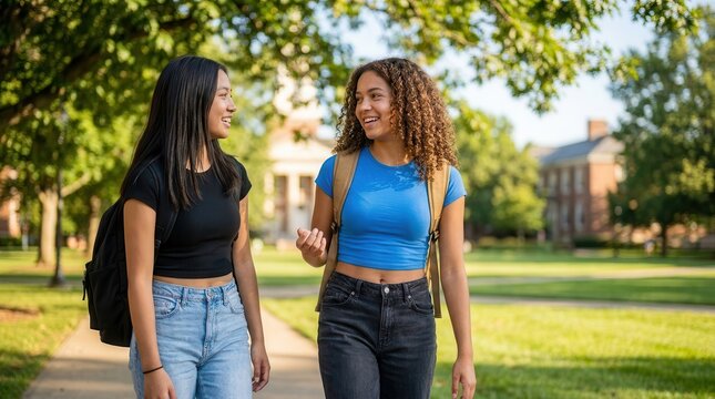 Smiling university students and teen friends walking through a green campus park.