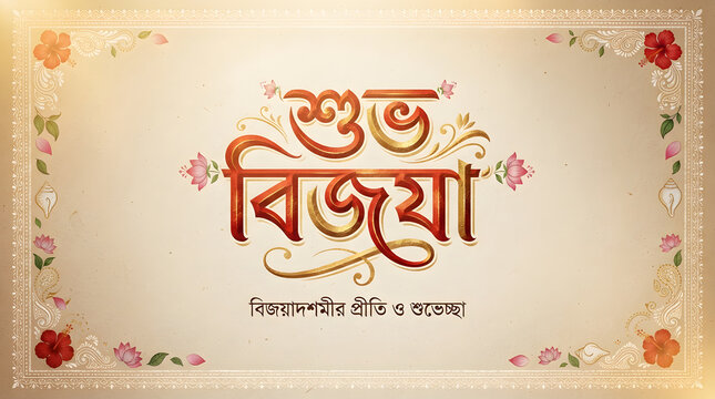 Elegant Bijoya Dashami Greeting with Bengali Calligraphy.