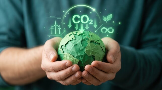 A person's hands cradling a green earth sphere representing renewable energy and sustainable environmental practices.