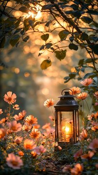 Vintage lit lantern placed among orange cosmos flowers during a warm golden hour sunset with soft bokeh background
