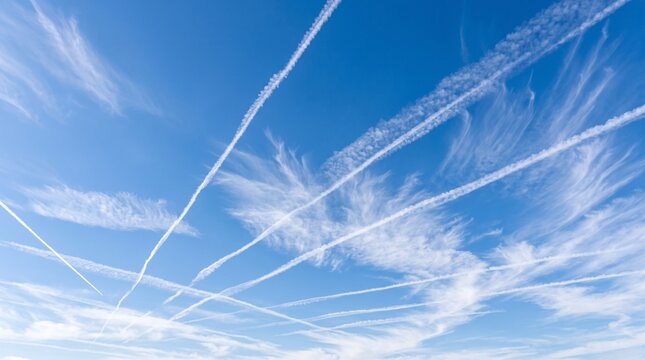 Aircraft contrails forming patterns against clear blue sky with
