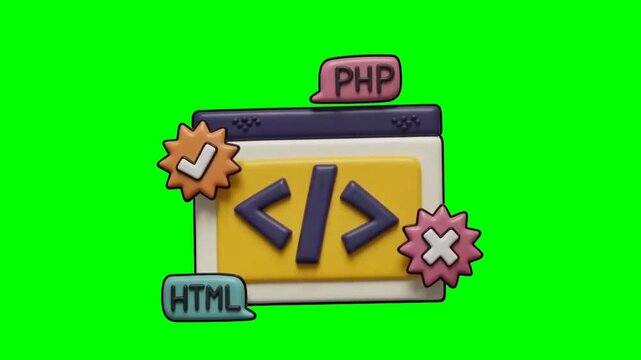 3D web development coding icon with PHP and HTML tags on green screen background for programming concept